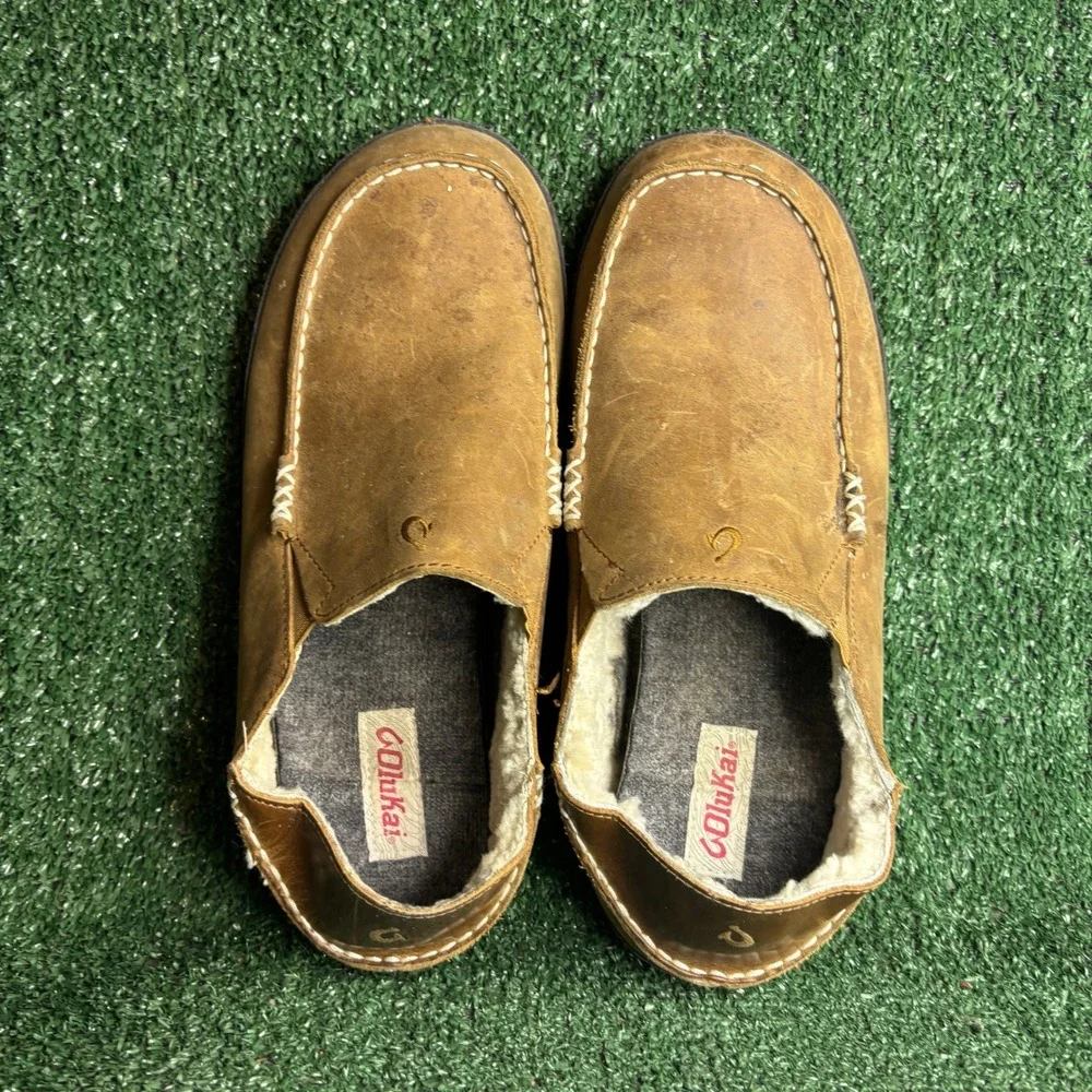 OluKai Moloa Wool Shearling Leather Slipper Drop-In Heel Casual Tan Mens Size 12
